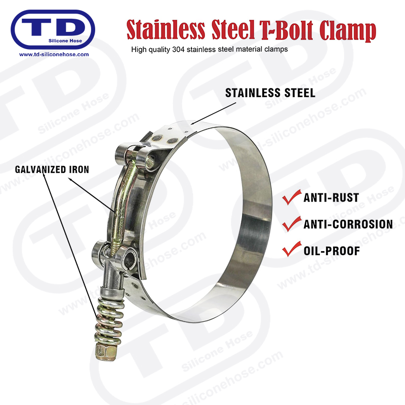 Spring reinforced T-Bolt silicone hose clamp